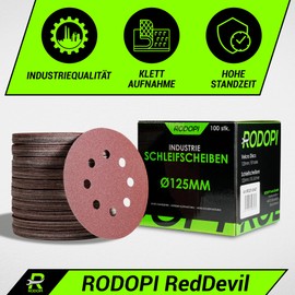 RODOPI RedDevil Sandpaper 125 mm Velcro Grit 40-320 Sanding Discs for Random Orbital Sanders Zirconia Corundum Sanding Pads Round 8 Hole Velcro Disc - Pack of 100 K120