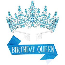 Papoopy Birthday Tiara Crown with Sash for Women, Headband Hair Accessories for Wedding Party Costume (A-Blue)