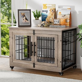 YaFiti Dog Crate Furniture with Cushion, Wooden Dog Kennel with Double Doors, Heavy Duty Dog Cage End Table with Wheels, Dog House Indoor for Small Medium Dogs up to 45 lb, 32.5” L, Grey