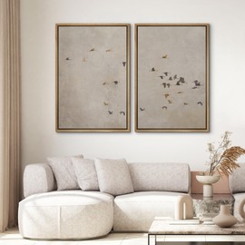SIGNWIN Framed Canvas Print Wall Art Set Flying Birds Silhouette Minimalist Beige Illustrations Modern Minimal Decorative for Living Room, Bedroom, Office - 24"x36"x2 NATURAL