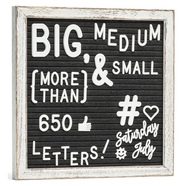 Little Hippo Black Felt Letter Board Sign 10x10 Inch with 690+ PRE-Cut Letters - Rustic Wood Message Board with Letters and stand, Baby Announcement Sign, Back to School Felt Board