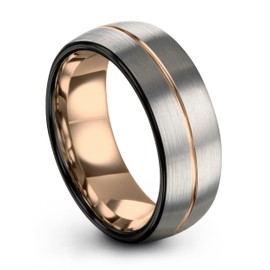 Midnight Rose Collection Tungsten Wedding Band Ring 8mm for Men Women 18k Rose Gold Grey Plated Dome Black Brushed Polished Size 10