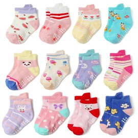 Baby Non Slip Grip Ankle Socks, 12-Pack [Cartoon] Sticky Slippery Cotton Crew Socks for 1-3/3-5 Years Old Infants Toddlers Kids Boys Girls Crawling Unisex Ankle Socks Non Skid Sole for Babies Boy Girl