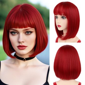 NOTICEME Red Bob Wig with Bangs, Short Straight Costume Red Wig for Women Cosplay, Synthetic Hair, 14in