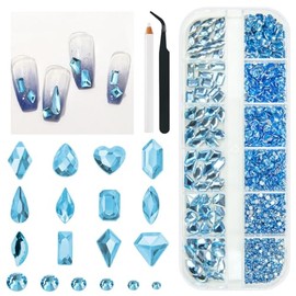 qiipii 1802Pcs Light Blue Nail Rhinestones Baby Blue Gems for Nails 72 Multi Shapes K9 Glass Big Diamonds +1730 Flatback Round Beads Stones Crystals jewels Nail Art Charms for Nails Faces Eyes Makeup