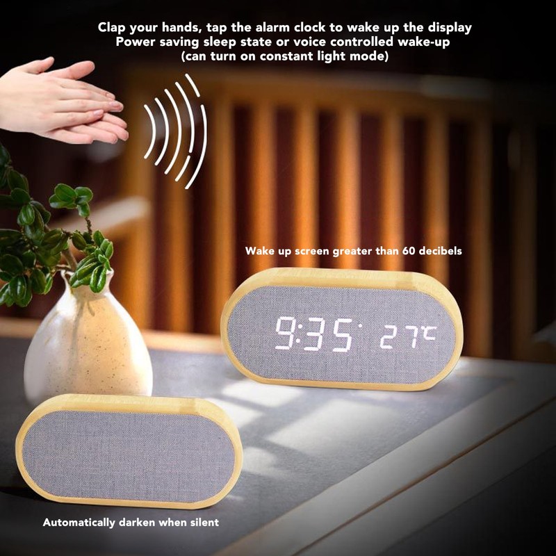 Wooden Alarm Clock Digital Voice Control LED Glowing USB Plug