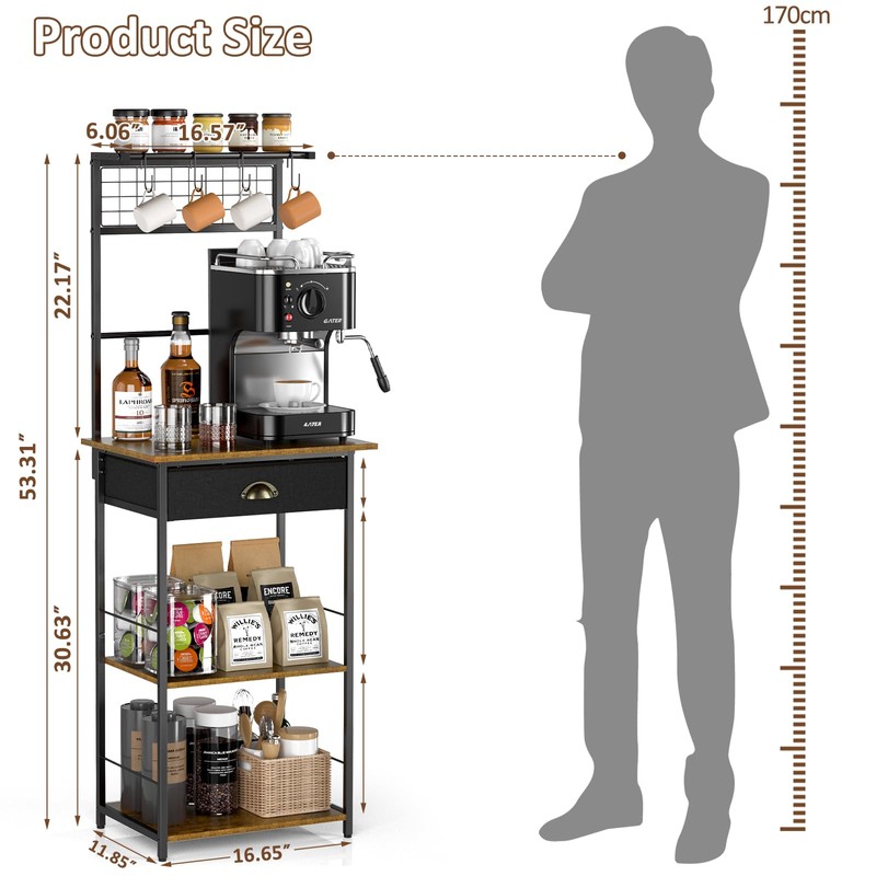 5 Tier Coffee Bar Station with Drawer, Kitchen Stand with