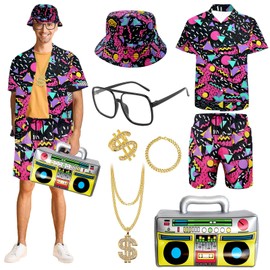 8 Pcs 80s 90s Outfit for Men 80s Tracksuits Shirts and Shorts Set Hip Hop Fancy Dress for Hawaiian Disco Rocker Party (Red, XL)