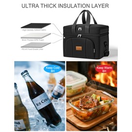 Rnivvi Lunch Box for Men, Double Decker Insulated Cooler Bag Lunch Bag Reusable Leakproof Tote Lunch Container with Strap for Work Family Picnic Hiking Camping, 18 Cans 12L, Large Adults, Black