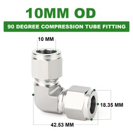 TAISHER 1PCS 316 Stainless Steel 90 Degree Compression Tube Pipe Fitting Connector, 10mm Tube OD x 10mm Tube OD Adapter