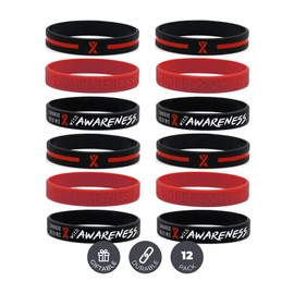(12-pack) Red Awareness Ribbon Bracelets, Variety Pack - Wholesale Bulk Pack of 12 Silicone Rubber Wristbands to Symbolize Hope, Courage, Strength, and Support - Unisex for Men Women Teens…