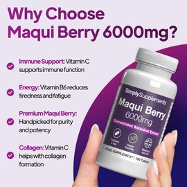 Maqui Berry Supplement 6000mg | with Vitamin C | Supports Immune Function & Reduces Fatigue | Vegan & Vegetarian Friendly | 180 Tablets = 2-Month Supply | GMP Certified and UK Made