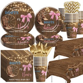 FVABO Boots or Bows Gender Reveal Decorations Tableware, Cowboy Boots Pink Bows He or She Gender Reveal Party Supplies for Baby Shower, Paper Plate, Cup, Napkin, Cutlery, Tablecloth, Serves 24