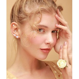 4 Pairs Shell Pearl Studs Earrings for Women Stainless Steel 14K Gold Plated Hypoallergenic Dainty Faux Pearls Tiny Stud Cartilage Tragus Flat Back Post Piercing Christmas Birthday Jewelry Gifts