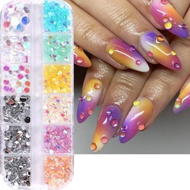 12 Grids Aurora Rhinestones Nail Studs 3D Colorful Rhinestones Nail Art Glitter Flakes Decorations Set Multiple Size Rivet Jewelry Accessories for Women Manicure Supplies DIY Crafts Sequins
