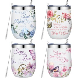 Sliner 4 Pcs Christian Gifts for Women 12 oz Floral Stainless Steel Tumblers with Lid and Straw Inspirations Bible Verse Tumbler for Mom Grandma Women Religious Birthday Mothers Day Church Gifts