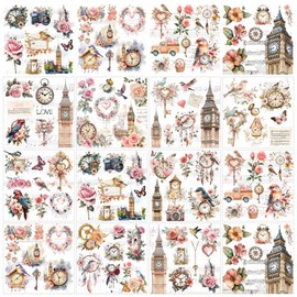 AHANDMAKER 12 Sheets Clock Tower & Bird Transfer Stickers, Vintage Flower & Bird Rub on Transfers, Clock Decals for Crafts, Glass, Wood, Furniture DIY Home Decor, 5.5x5.5