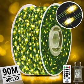 XURISEN 90M 900LED Outdoor Fairy Lights Plug in Christmas Tree Lights Green Copper Wire String Lights Waterproof 8 Modes with Remote Memory for Garden Yard Party Wedding Xmas Decoration- Warm White
