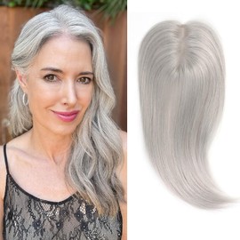 YWGYWG Silver Grey Hair Toppers for Women Real Human Hair, 14 Inch 360° Cover Middle Part Topper with Bangs for Women with Thinning Hair Realistic Scalp Line 4x4.8 Inch Upgrade Basement HairPieces