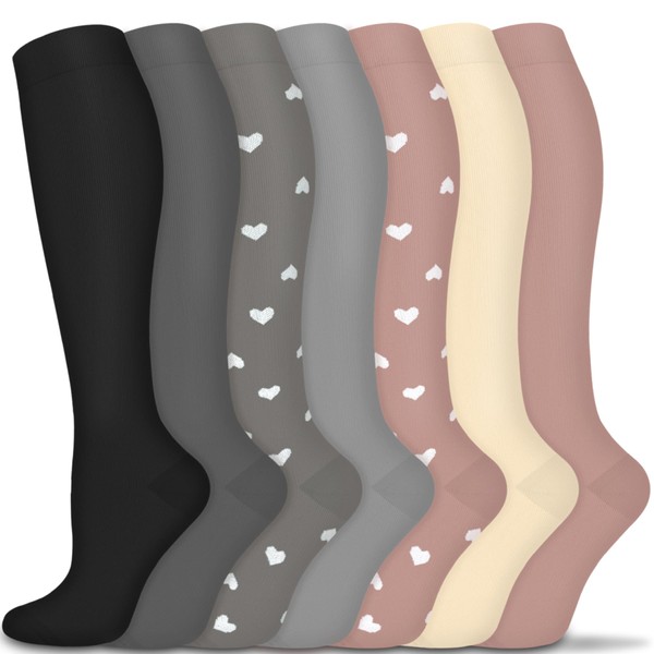 ACTINPUT - Calcetines de compresión para mujeres y hombres, paquete de 7 calcetines de apoyo graduados para correr, atletismo, deportes, 01-Gris oscuro/gris/gris/gris claro/rosa/beige/rosa, Large-X-Large