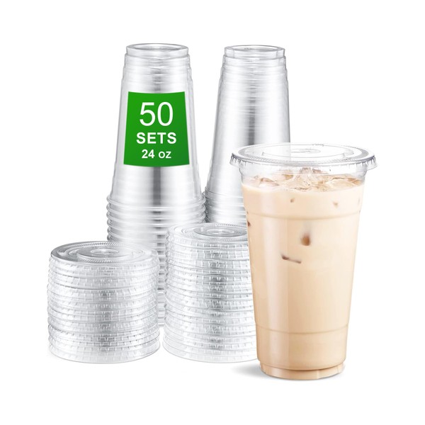 APSIC Clear Plastic Cups with Flat Lids, 50 Sets 24oz