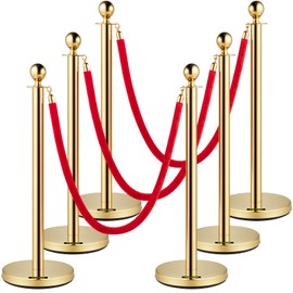 VEVOR Velvet Ropes and Posts, 5 ft/1.5 m Red Rope, Stainless Steel Gold Stanchion with Ball Top, Red Crowd Control Barrier Used for Theaters, Party, Wedding, Exhibition, Ticket Offices Pack Sets (6)