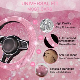 NBTEPEM 8 pcs Bling Car Accessories Set for Women, Bling Rhinestone Diamond Steering Wheel Cover, Sparkly Seat Belt Covers, Bling Gear Shift Cover, Universal Fit Most Cars (All Pink Diamond)