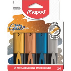 Maped - Material Escolar - Subrayadores Glitter Metal - Tonos Brillantes - Aplicable sobre Cualquier Papel - Punta Biselada con Trazo de 1 a 5 mm - Disponible en Dorado, Bronce, Azul y Plata, 742000