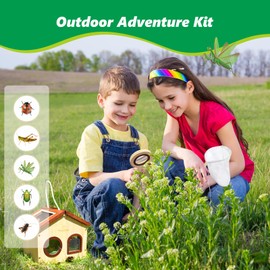 SimpliPlay Kids Bug Catching Kit, 6-in-1 Nature Discovery Kit with Breathable Wooden Critter Habitat House, 15 Insert Cards, Magnifying Glass, Butterfly Net, Summer Outside Toys, Gift for Boys & Girls