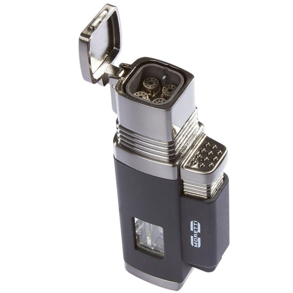 Moretti Vertigo Churchill Quad Flame Butane Torch Cigar Lighter w/ Punch Cutter (Quad Flame, Black)