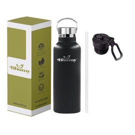 BHUMY Stainless Steel Water Bottles – 22oz Double Wall Stainless Steel Insulated Water Bottle – Water Bottle with Straw and 2 Caps – Leakproof Sports Water Bottle Water for Gym, Office, Travel