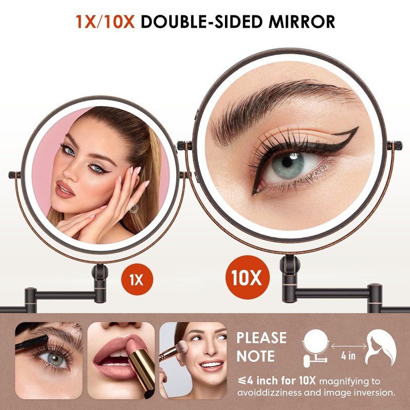 9" Wall Mounted Lighted Makeup Mirror,4000mAh Rechargeable Double Sided 1X/10X