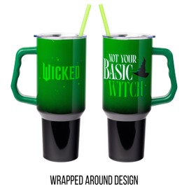 Silver Buffalo Wicked Elphaba Not Your Basic Witch Ombre Stainless Steel Tumbler with Handle and Straw, Fits in Standard Cup Holder, 40 Ounces