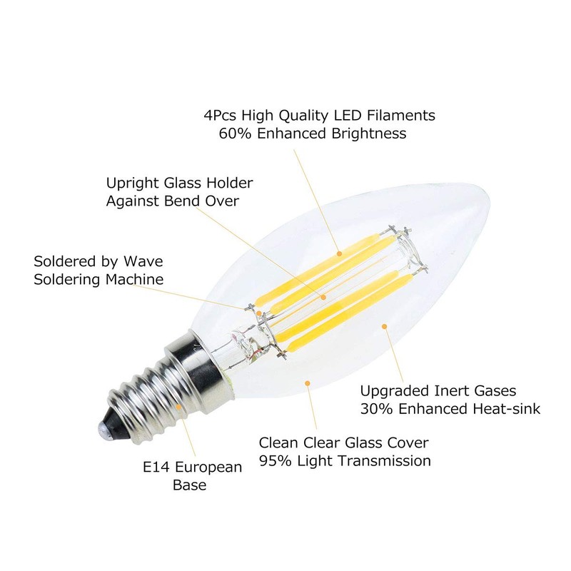 Lamsky E14 LED Filament Candle Shape Light Bulb,E14 European Base