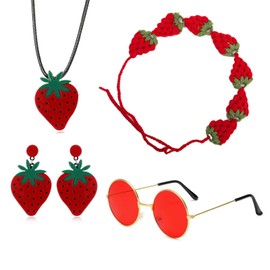 4 Pcs Strawberry Jewelry Set 60s 70s Hippie Costume Accessories Knit headband Strawberry Necklace Strawberry Earrings Cherry Dangle Drop Earrings Fruit Necklace Charm Jewelry for Woman (Red)