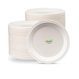 Disposable Paper Plates Extra Strength White Super Rigid Bagasse Plates 23cm Round 100% Compostable Biodegradable Sugarcane Plates for Family Events Schools Office BBQ Picnics Party- 9 Inch - 50 Pack