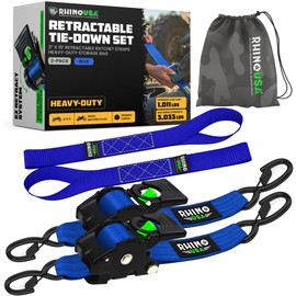 Rhino USA Retractable Ratchet Straps (2-Pack) - 2 Inch x 10 Feet (3,033lb Break Strength) - Heavy Duty Auto Self Retracting Tie Down Straps for Truck, Cargo Trailer, Motorcycle, Rad & More - Blue