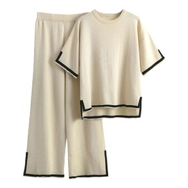 Faleave Womens Knit 2 Piece Sweater Sets Short Sleeve Pullover Tops Elastic Waist Wide Leg Pants Lounge Set(Apricot-M)