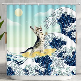 Funny Cat Shower Curtain, Surfer Cat Shower Curtain Battle Blue Ocean Great Wave for Bathroom with 12 Hooks, Polyester Fabric Summer Shower Curtains Set Waterproof Kids Bath Shower Curtain Decorative