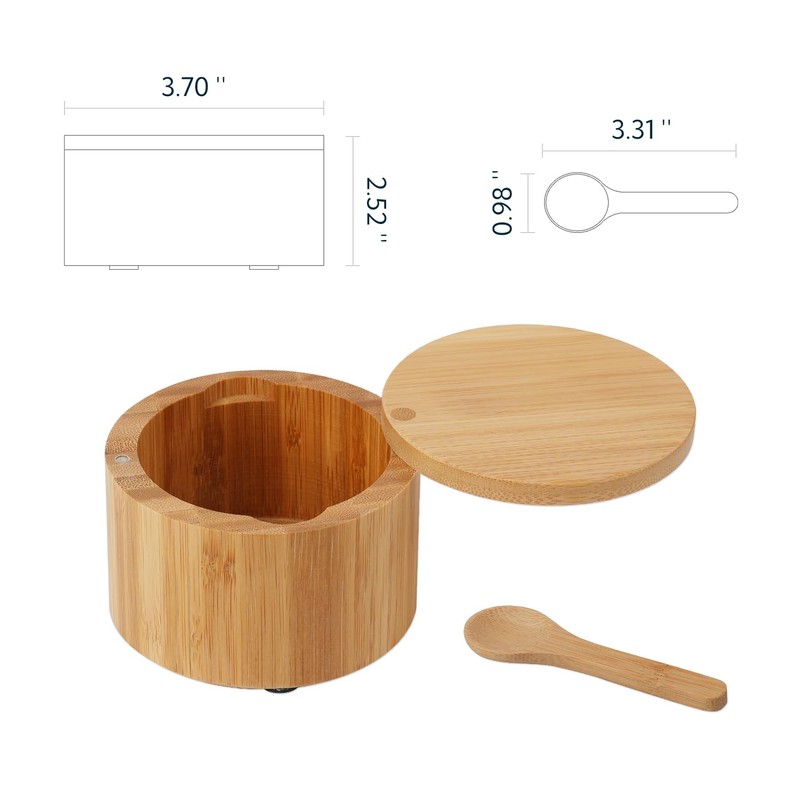 KITCHENDAO Bamboo Salt Box with Built-in Spoon to Prevent Dust,