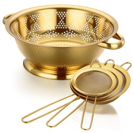 Acellegic 4 Pcs Gold Kitchen Accessories Includes Stainless Steel Colander and 3 Pcs Gold Fine Mesh Strainer Essential Kitchen Colander Strainers with Handles, Easy Clean and Dishwasher Safe (4.5 Qt)