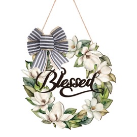 Wooden Magnolia Decor 11 Inch Blessed Wall Decor with Bow Farmhouse Magnolia Porch Sign Summer Wreaths for Front Door Garden Wedding Party