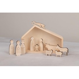 Rayher 64538505 Nativity Figures, Flat, Wooden Decoration, 3D Motifs, FSC Certified, Set of 12 Designs, 1-7.5 cm, Thickness 6 mm