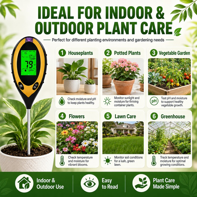 4-in-1 Soil Moisture Meter for Plants, Digital Soil pH Tester