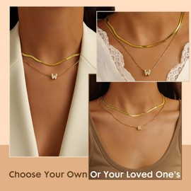 KLSURPRISE2 Bubble Letter Necklace for Women – Gold Zircon Initial Necklaces 18k Dainty Gold Plated Non-Tarnish Herringbone Layered Necklaces Hypoallergenic Gift (Gold T)