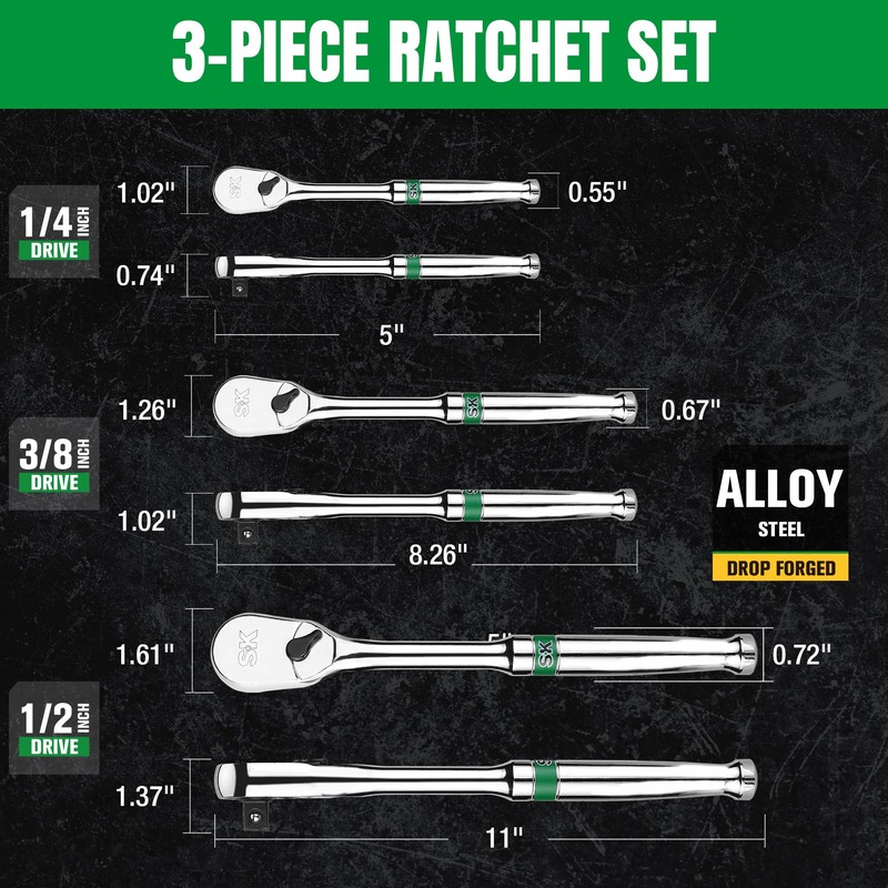 SK 3-Piece Ratchet Set, 1/4″, 3/8″, 1/2″ Drive Ratchet, Pear