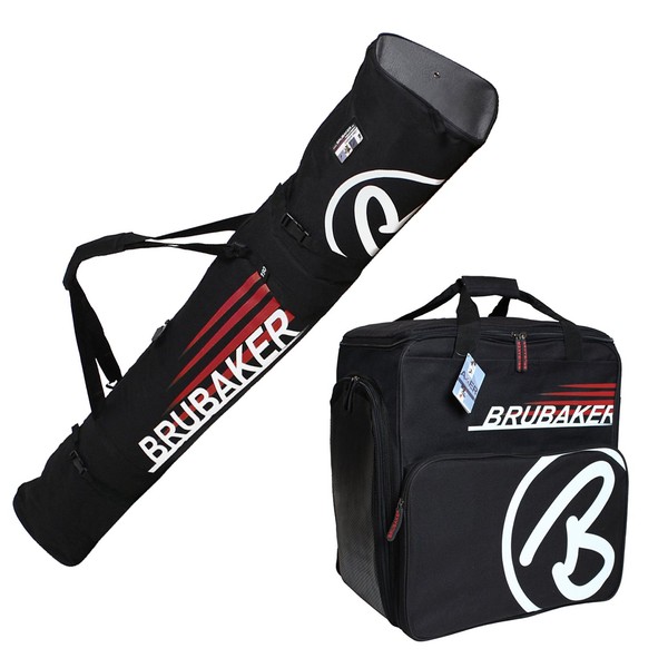 BRUBAKER "Champion" Combo Ski Boot Bag and Ski Bag for 1 Pair of Ski up to 190 cm, Poles, Boots and Helmet - Black Red