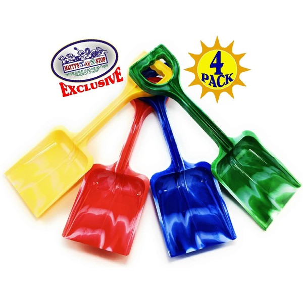 Matty's Toy Stop 10" Plastic Sand Shovels for Kids (Red, Blue, Green & Yellow Swirl) Complete Gift Set Party Bundle - 4 Pack