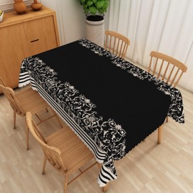 Umpoo Boho Floral Linen Tablecloth Abstract Beige Black Damask Flower Pattern Rectangle Table Cloth for Modern Vintage Dining Room Kitchen Parties Weddings Birthday Decor, 54x96 inches
