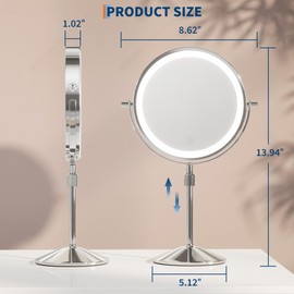 Garvee Lighted Makeup Mirror, Rechargeable Height Adjustable Double Sided Vanity Mirror, 1x/10x True HD Magnifying, Brightness Adjustable, Three Colors, 360° Rotation Vanity, Gift for Women, Chrome